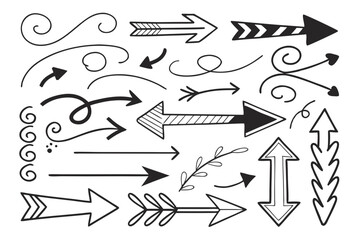 Hand-Drawn Doodle Arrows Set in Sketch Style. Vector Arrows Featuring Curved and Looping Lines in Black for Infographics, Presentation Graphics, and Navigation UI Designs.

