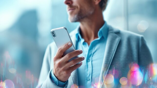 A businessman holds a smartphone in his hand, possibly checking stock market trends or analyzing data on his mobile device.