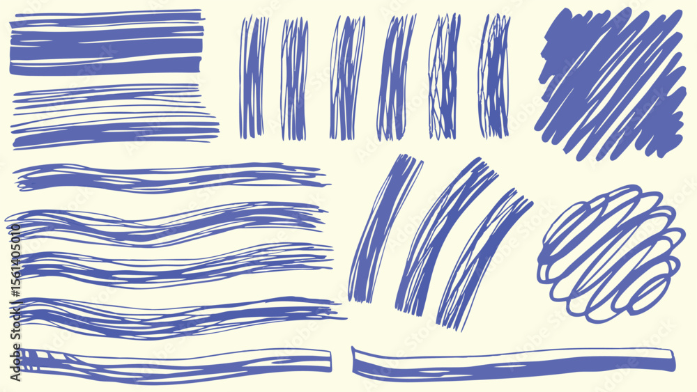 Poster collection of hand drawn lines and shapes in blue ink on a light background artistic strokes design 