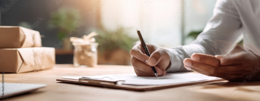 Poster the person writing on a notepad with a pen in a bright workspace.