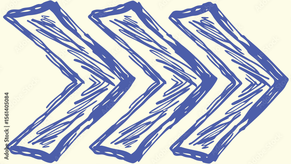 Poster three blue chevron arrows drawn in a row pointing to the right in a rough hand drawn style design el