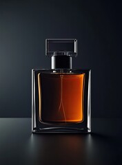 Amber perfume bottle, clear glass, dark background