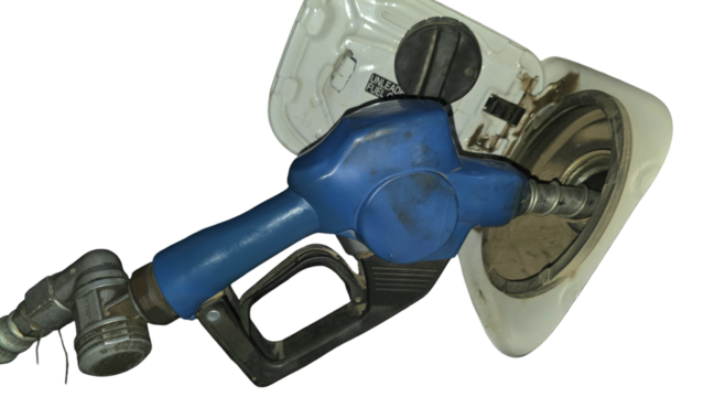 Blue-Handled Automatic Fuel Nozzle with Copy Text Space. Industrial and Functional Equipment Element for Fuel Station Designs, Energy Ads, and Automotive Concepts. PNG File