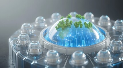 Futuristic globe displayed within a complex technological structure.