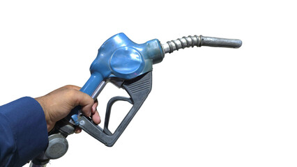 Blue-Handled Automatic Fuel Nozzle with Copy Text Space. Industrial and Functional Equipment...