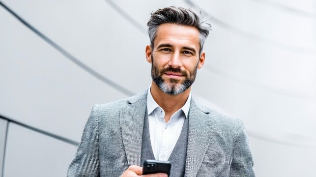 A confident, mature businessman in a suit smiles, holding a phone. Modern setting with architectural background.