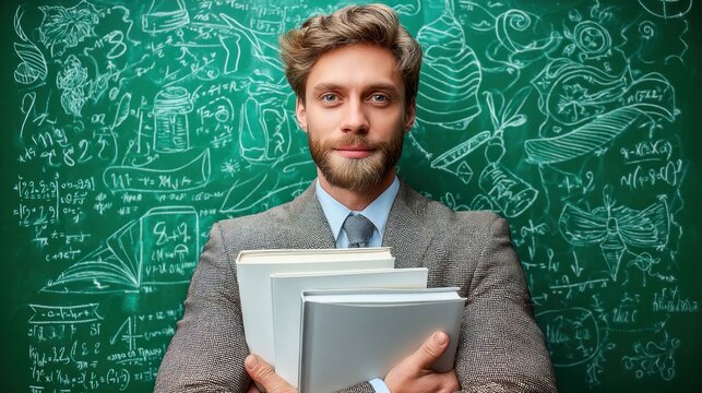 A portrait of a smiling teacher holding books in front of a chalkboard with mathematical equations and diagrams. - Powered by Adobe