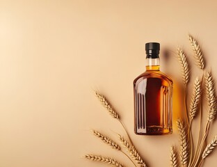 A bottle of amber liquid sits atop a beige backdrop, framed by wheat stalks