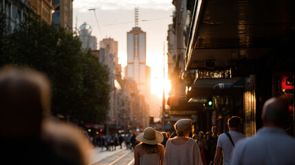 Obraz premium bustling urban street scene at sunset where people engage in daily activities surrounded by towering skyscrapers
