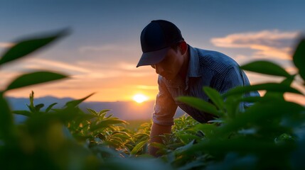 Fototapeta premium Farmer working in a field at sunset