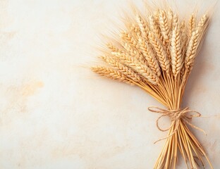 Wheat ears tied together on a light beige surface