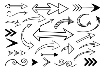 Hand-Drawn Arrow Icons Set. Curved, Zigzag, and Circular Arrows in Sketch Style for Creative Navigation Graphics, UI Templates, and Professional Design Infographics.

