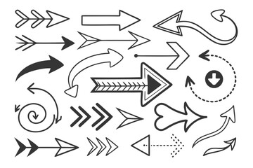 Hand-Drawn Arrows Set with Grunge Style Design. Black Doodle Arrow Icons in Multiple Directions for Creative Web Projects, Infographics, UI Templates, and Visual Guides.

