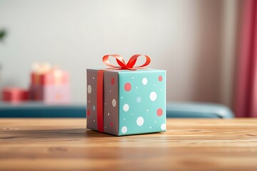 Adorable and charming 3D-rendered cube-shaped gift box with a ribbon, perfect for festive scenes, holiday packaging concepts, and cheerful decorative digital illustrations