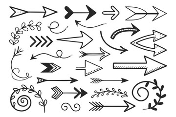 Hand-Drawn Sketchy Arrows Collection. Grunge Arrow Icons in Straight, Swirled, and Circular Styles for Infographics, Creative Presentations, and Navigation Symbols.

