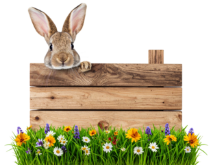 3D Rendered Easter Bunny Peeking Around Wooden Board with Flowers, Transparent Background