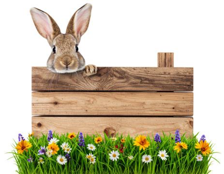 3D Rendered Easter Bunny Peeking Around Wooden Board with Flowers, Transparent Background
