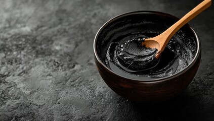 Dark, smooth substance in a wooden bowl, with a wooden spoon
