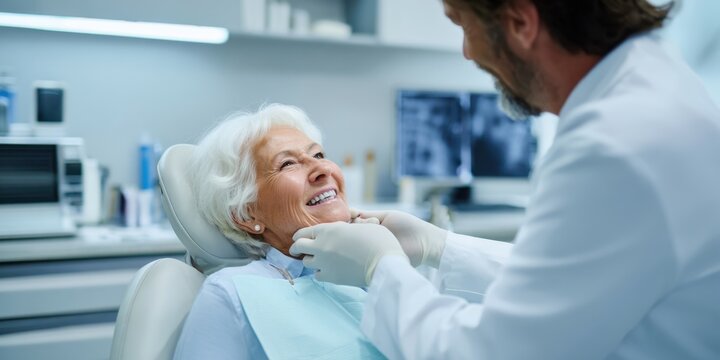 The elderly patient receiving dental care with a compassionate dentist in a clinic setting.