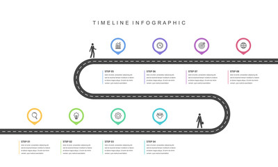 Business road map timeline infographic concept. with icons and 8 steps, Corporate milestones graphic elements. workflow layout, diagram, report, web design. Creative, Vector illustration.
