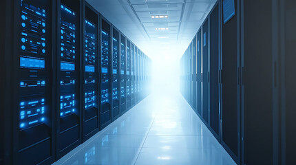 Modern data center with illuminated server racks in a secure server room with blue LED lighting
