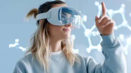 A woman wearing a VR headset interacts with a virtual interface, pointing towards a molecular structure on a screen, suggesting advanced technology.