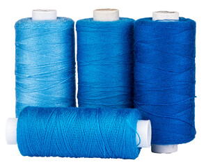 Spools with blue thread for sewing, craft supply, isolated objects on transparent png background
