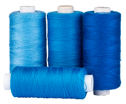 Spools with blue thread for sewing, craft supply, isolated objects on transparent png background