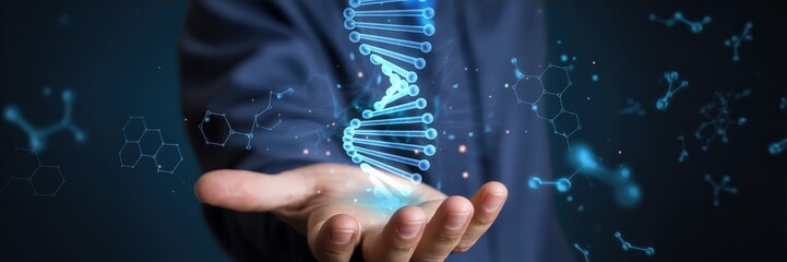 Hand holding a dna double helix graphic design.