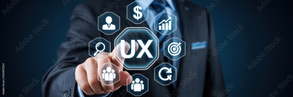 Poster businessperson interacts with a user experience interface.