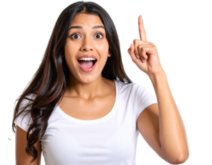 Surprised Woman Looking Up While Pointing with Finger, Expressive PNG Portrait
