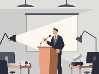 Business office vector illustration, business people giving speeches on the stage, reporting project work, flat hand-drawn graphic design