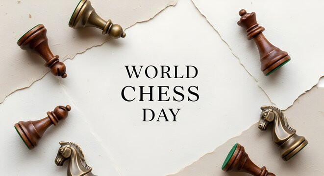 World Chess Day Poster - Text on Paper with Scattered Bronze Chess Pieces, Flat Lay Design for International Chess Celebration