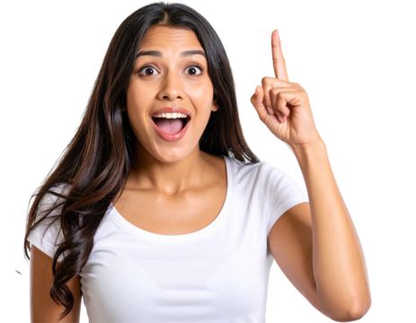 Surprised Woman Looking Up While Pointing with Finger, Expressive PNG Portrait