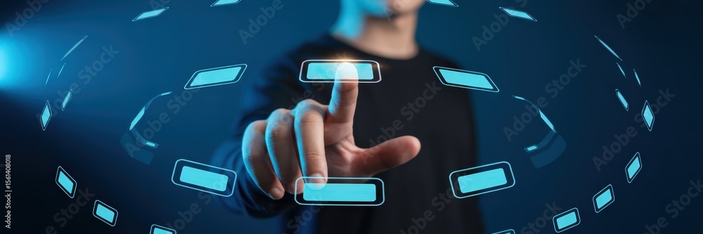 Poster a person interacts with a digital interface.