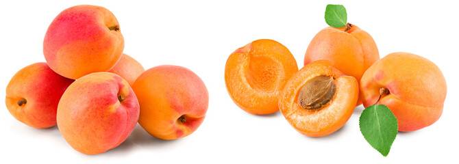 apricot fruits with green leaf isolated on white background. clipping path