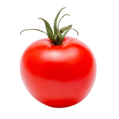 Red tomato with green leaves, isolated on transparent png background