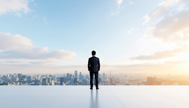 都会の高層ビルの屋上に立つ日本人サラリーマンが大都会の街並みを望む後ろ姿