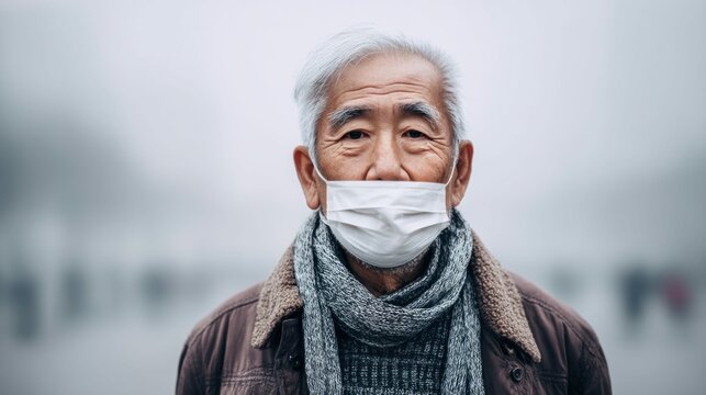 An elderly Asian man wearing a protective face mask stands outdoors, looking directly at the camera with a serious expression. - Powered by Adobe