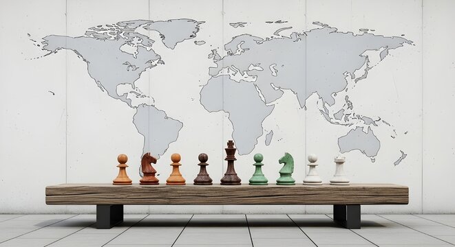 Global Team Concept - Diverse Chess Pieces Lined Up Before a World Map, International Relations and Diplomacy Metaphor