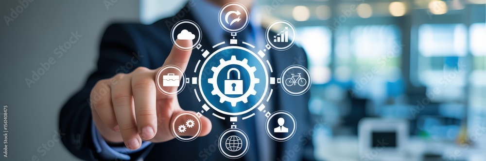 Poster businessperson interacts with a security and systems interface.