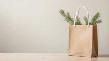 Beige paper shopping bag with pine sprigs