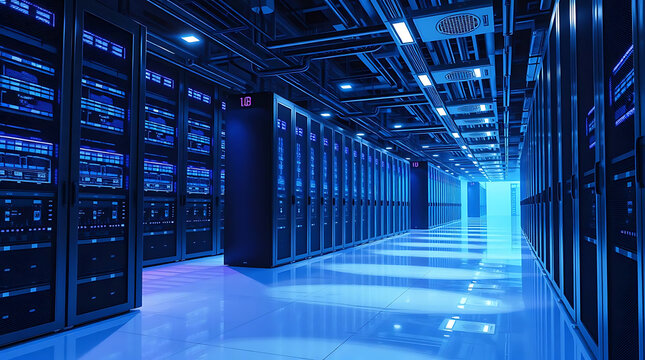 Modern data center with illuminated server racks in a secure server room with blue LED lighting
