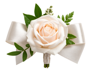 Flat Lay of Wedding Flower Boutonniere with Rose and Greenery, Transparent Background