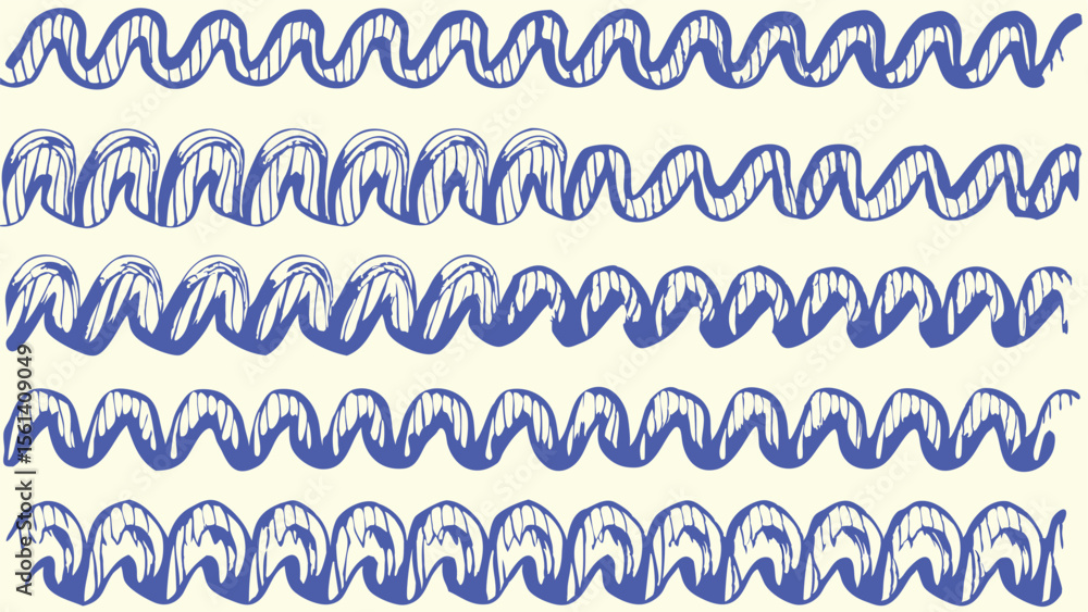 Poster illustration of repeated blue wave patterns with vertical lines on a light background evenly spaced