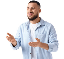 Thankful young man on white background
