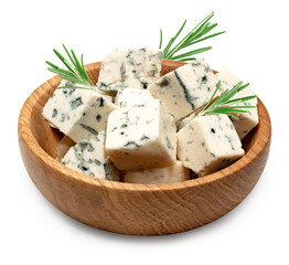 blue cheese in wooden bowl isolated on a white background. clipping path