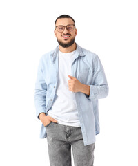 Fototapeta premium Handsome young man in eyeglasses on white background