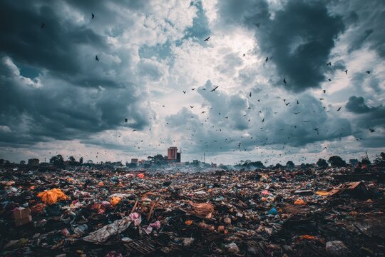Vast landfill under stormy sky