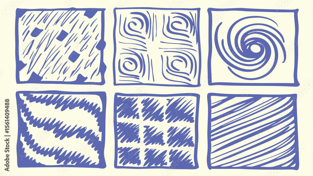 Poster six square hand drawn patterns in blue ink showcasing different artistic styles and textures on canv